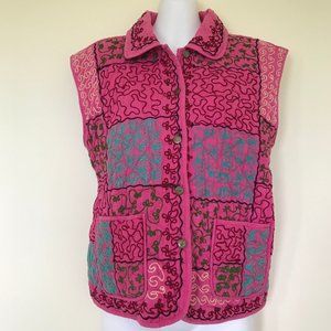 Quilted Vest with All Over Embroidery Design Pink with Pockets Size M/L
